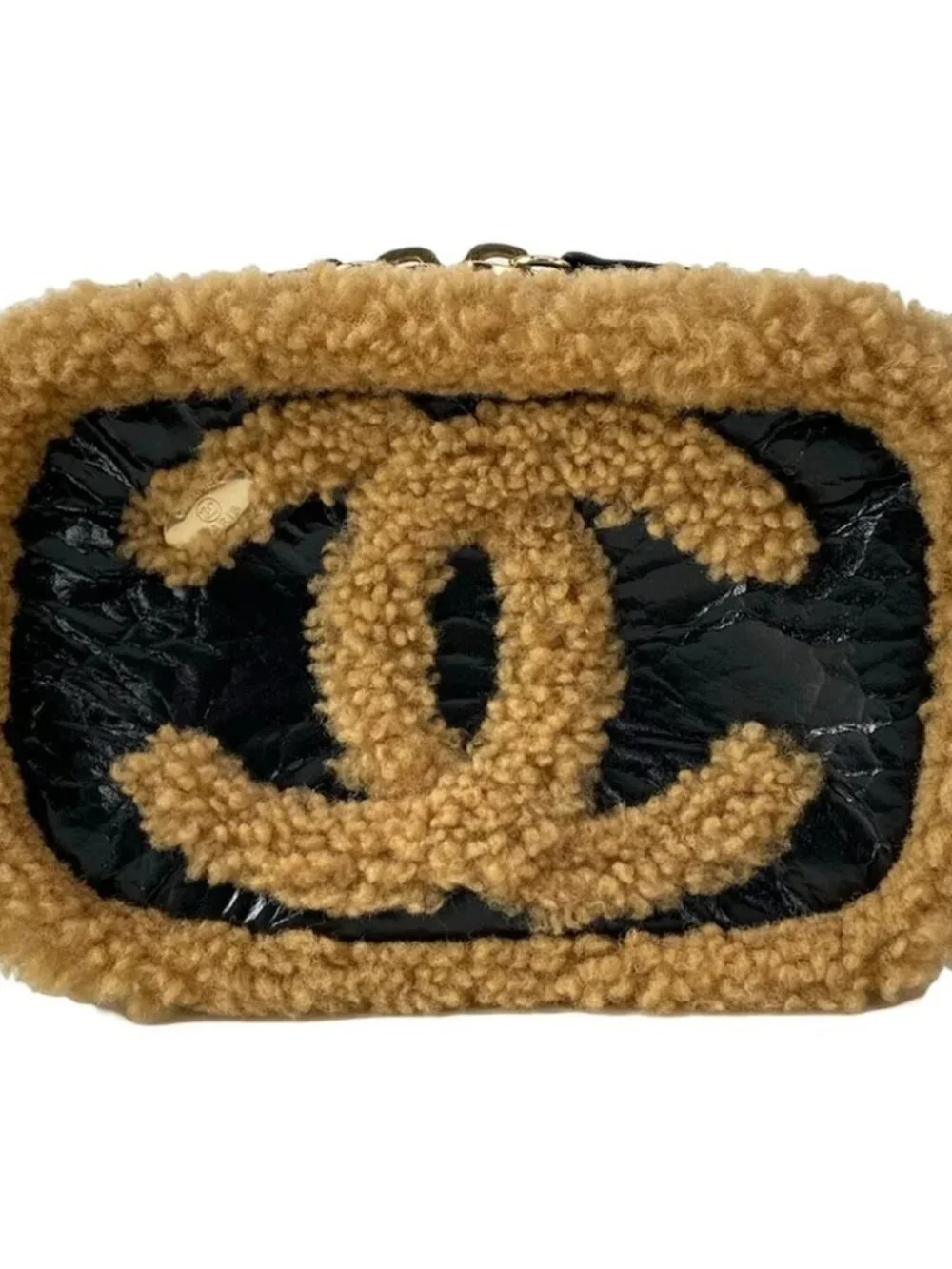 CHANEL CC Fan Black Light Brown Crumpled Sheepskin / Sheared Mouton Bum Bag